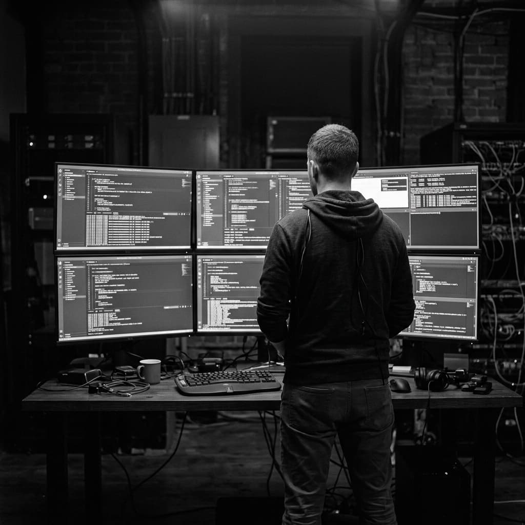 Software engineer in dark room